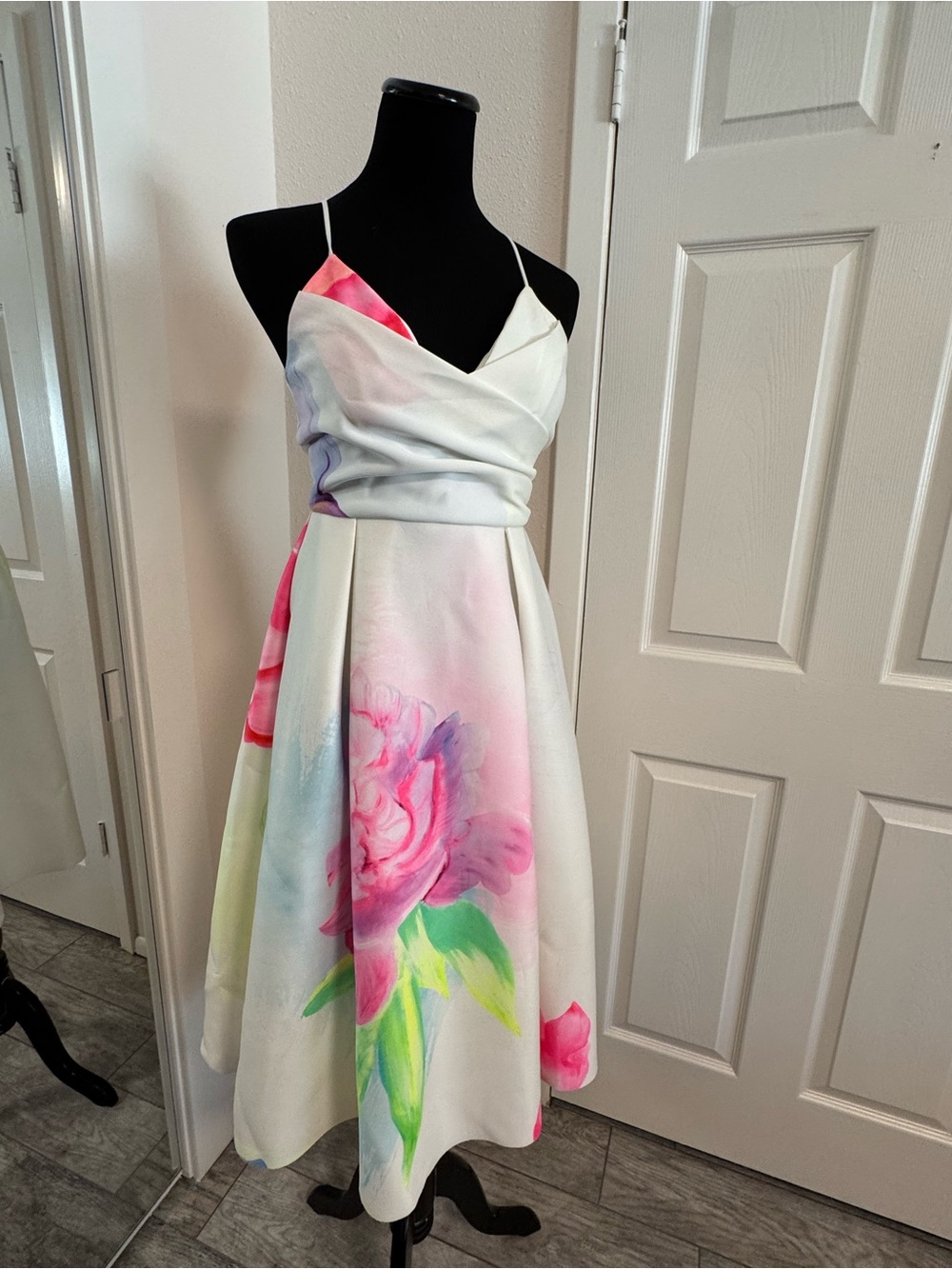 ASOS White Floral Midi Dress with Pink & Green Print